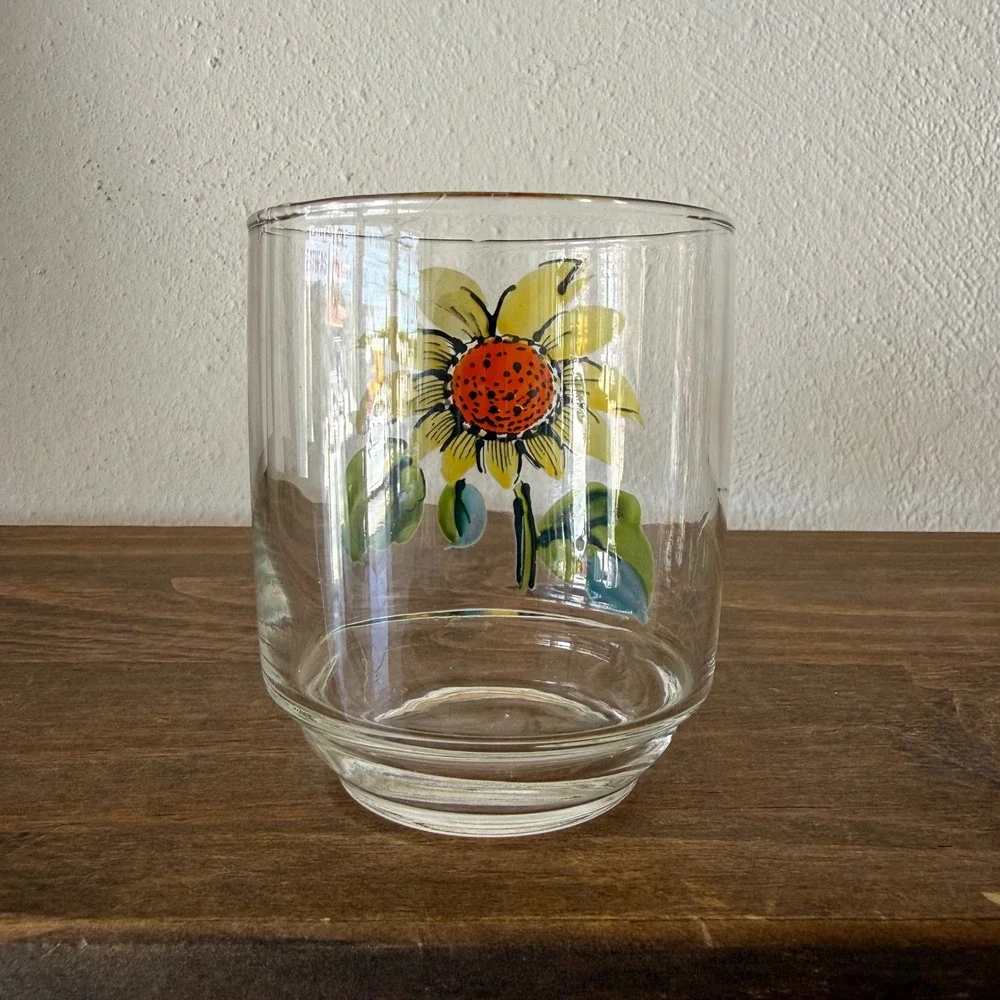Hand Painted Sunflower Drinking Glass Tumbler Clear Glass Floral Juice Cup 3